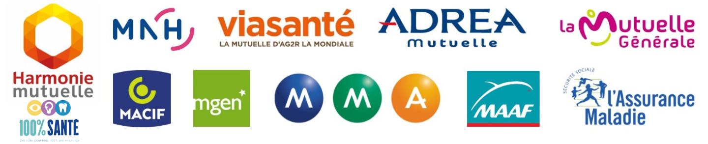 Nos mutuelles partenaires : MNH, Viasanté, ADREA, La Mutuelle Générale, Harmonie Mutuelle, Macif, MGEN, MMA, MAAF, l'Assurance Maladie, 100% Santé